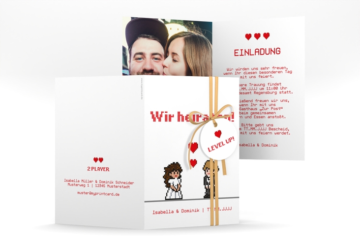 Einladungskarte Hochzeit Pixel A6 Klappkarte hoch weiss