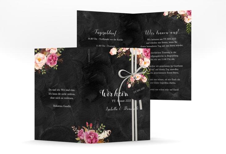 Einladungskarte Hochzeit Flowers A6 Klappkarte hoch schwarz mit bunten Aquarell-Blumen