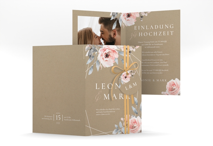 Einladungskarte Hochzeit Perfection A6 Klappkarte hoch Kraftpapier mit rosa Rosen