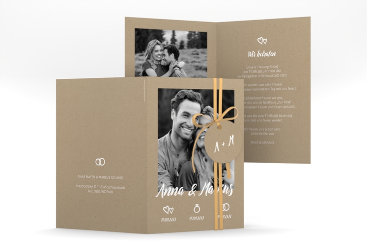 Einladungskarte Hochzeit Icons A6 Klappkarte hoch Kraftpapier im Kraftpapier-Look mit Foto