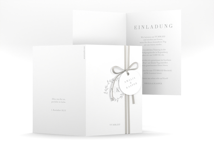 Einladungskarte Hochzeit Filigrana A6 Klappkarte hoch grau in reduziertem Design mit Initialen und zartem Blätterkranz