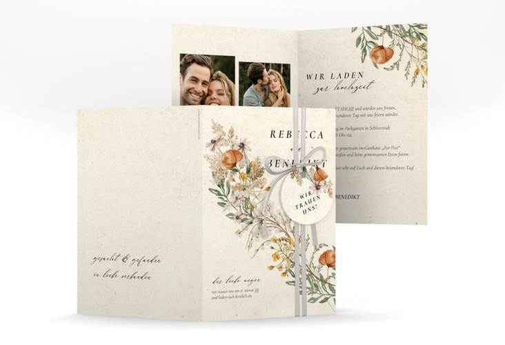 Einladungskarte Hochzeit Wildfang A6 Klappkarte hoch hochglanz mit getrockneten Wiesenblumen