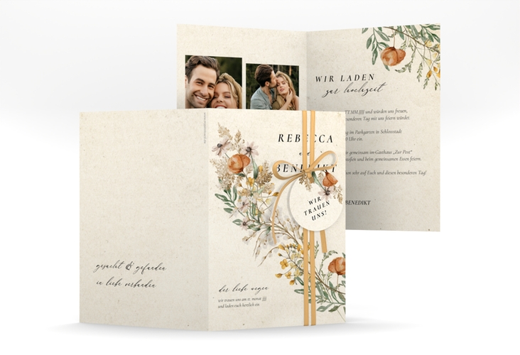 Einladungskarte Hochzeit Wildfang A6 Klappkarte hoch hochglanz mit getrockneten Wiesenblumen