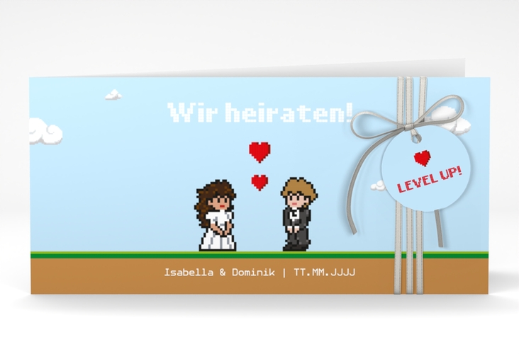 Hochzeitseinladung Pixel lange Klappkarte quer bunt