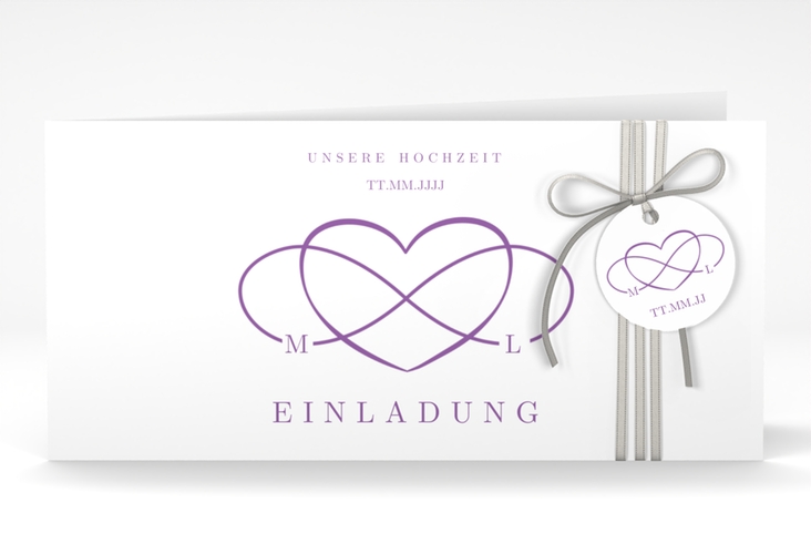 Hochzeitseinladung Infinity lange Klappkarte quer lila