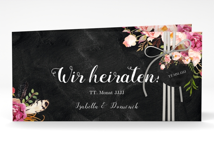 Hochzeitseinladung Flowers lange Klappkarte quer schwarz hochglanz mit bunten Aquarell-Blumen