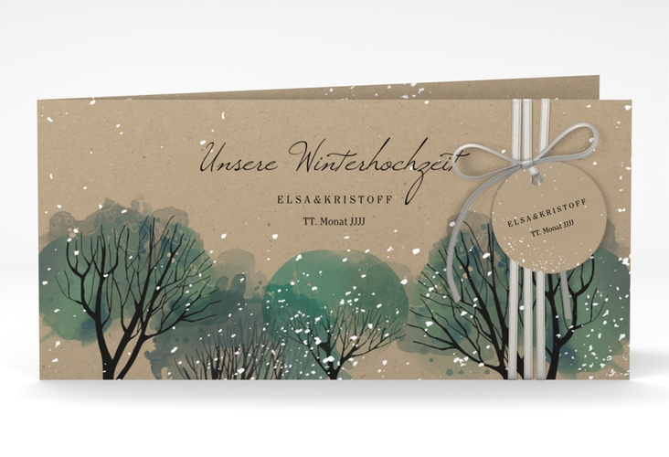 Hochzeitseinladung Winterhochzeit lange Klappkarte quer Kraftpapier