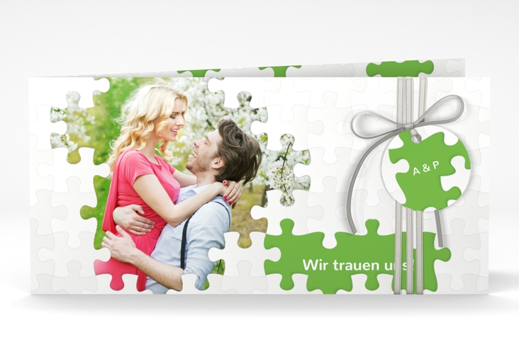 Hochzeitseinladung Puzzle lange Klappkarte quer gruen