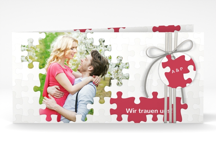 Hochzeitseinladung Puzzle lange Klappkarte quer rot