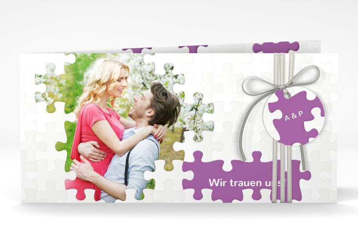 Hochzeitseinladung Puzzle lange Klappkarte quer lila