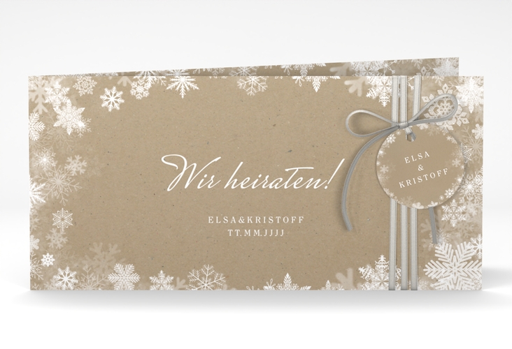 Hochzeitseinladung Snowfall lange Klappkarte quer Kraftpapier mit Schneeflocken für Winterhochzeit