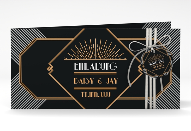 Hochzeitseinladung Gatsby lange Klappkarte quer schwarz hochglanz im glamourösen Jugendstil-Design