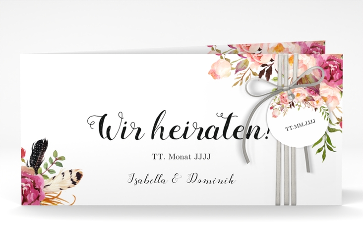 Hochzeitseinladung Flowers lange Klappkarte quer weiss mit bunten Aquarell-Blumen