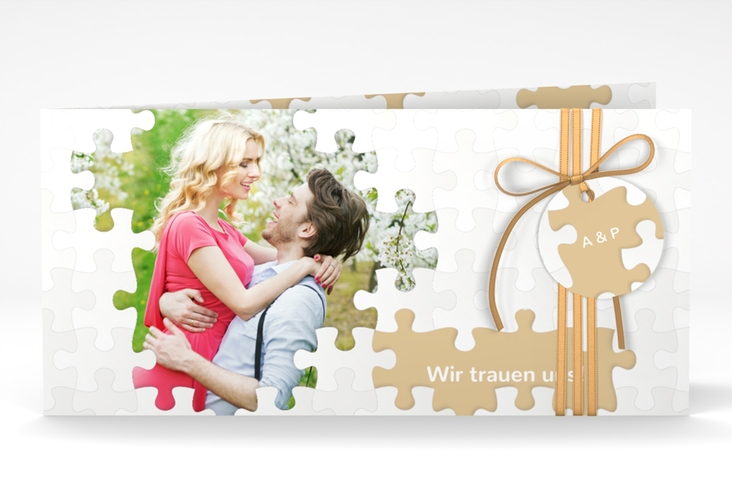 Hochzeitseinladung Puzzle lange Klappkarte quer beige