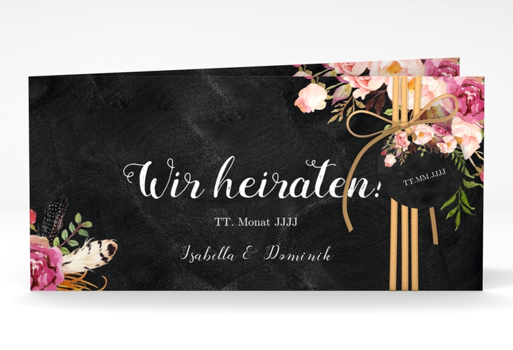 Hochzeitseinladung Flowers lange Klappkarte quer schwarz hochglanz mit bunten Aquarell-Blumen