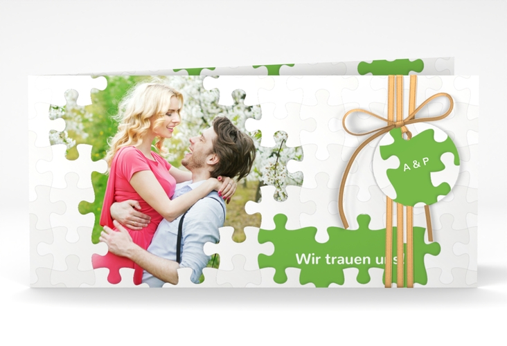 Hochzeitseinladung Puzzle lange Klappkarte quer gruen