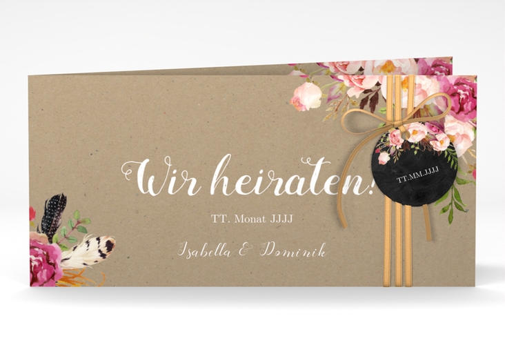 Hochzeitseinladung Flowers lange Klappkarte quer Kraftpapier mit bunten Aquarell-Blumen