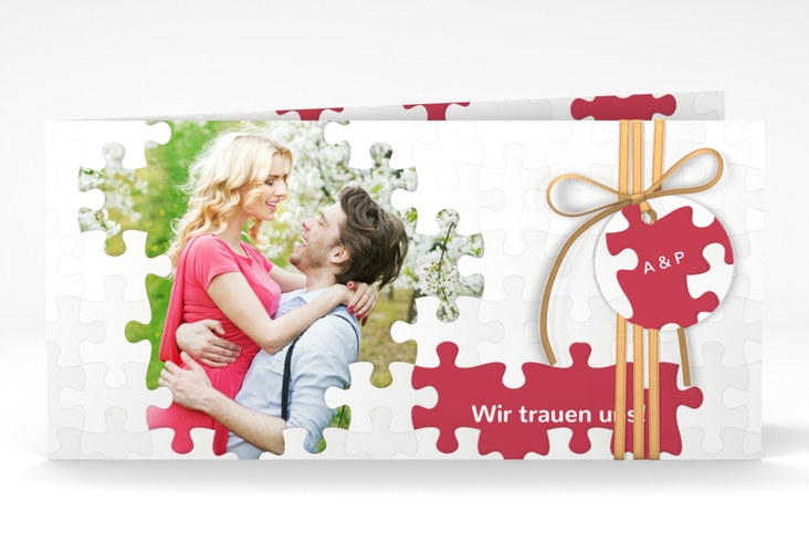 Hochzeitseinladung Puzzle lange Klappkarte quer rot