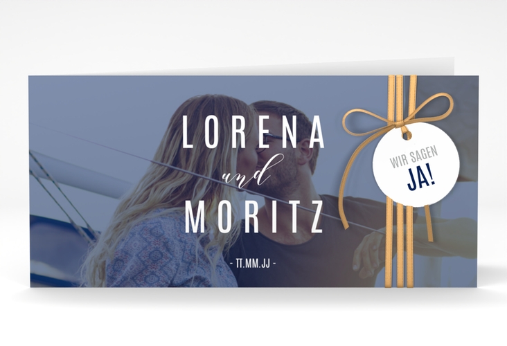 Hochzeitseinladung Memory lange Klappkarte quer blau