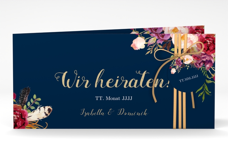 Hochzeitseinladung Flowers lange Klappkarte quer blau mit bunten Aquarell-Blumen