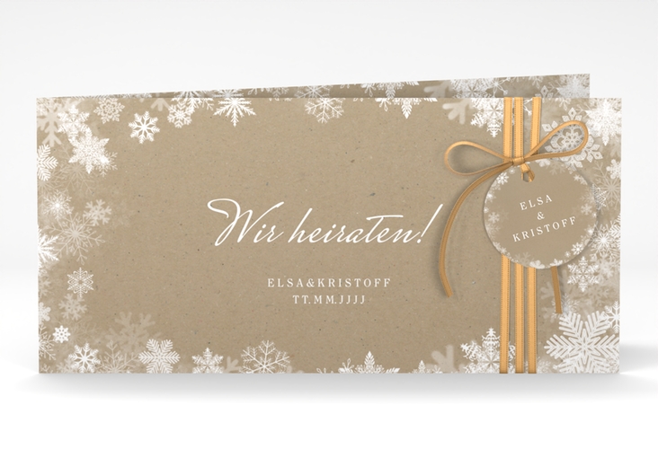 Hochzeitseinladung Snowfall lange Klappkarte quer Kraftpapier mit Schneeflocken für Winterhochzeit