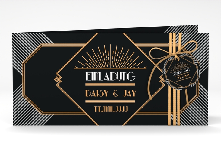 Hochzeitseinladung Gatsby lange Klappkarte quer schwarz hochglanz im glamourösen Jugendstil-Design