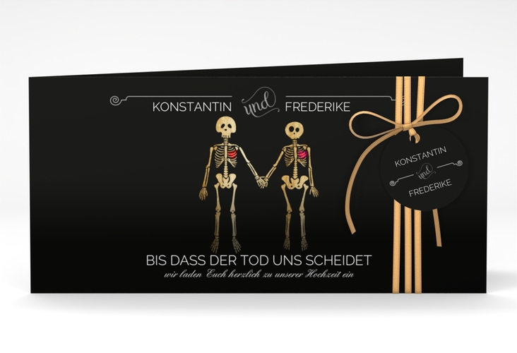 Hochzeitseinladung Bones lange Klappkarte quer schwarz hochglanz