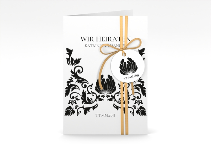 Einladungskarte Hochzeit Royal A6 Klappkarte hoch weiss hochglanz mit barockem Blumen-Ornament