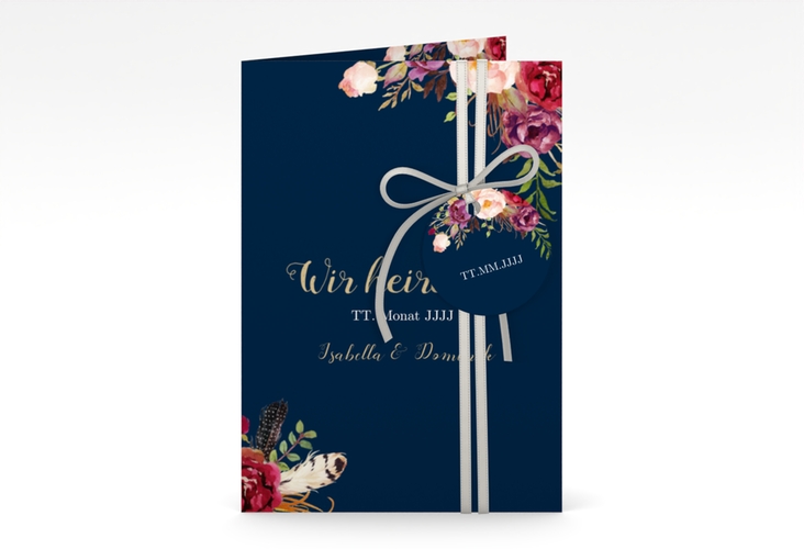 Einladungskarte Hochzeit Flowers A6 Klappkarte hoch blau mit bunten Aquarell-Blumen