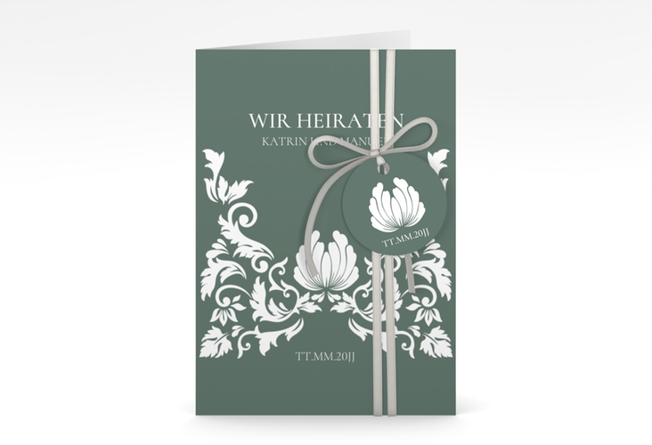 Einladungskarte Hochzeit Royal A6 Klappkarte hoch gruen hochglanz mit barockem Blumen-Ornament