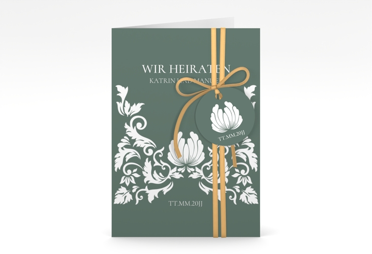 Einladungskarte Hochzeit Royal A6 Klappkarte hoch gruen hochglanz mit barockem Blumen-Ornament