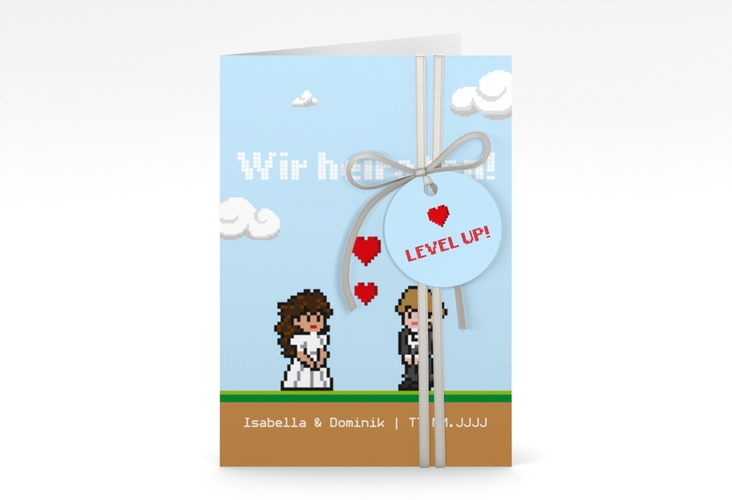 Einladungskarte Hochzeit Pixel A6 Klappkarte hoch bunt