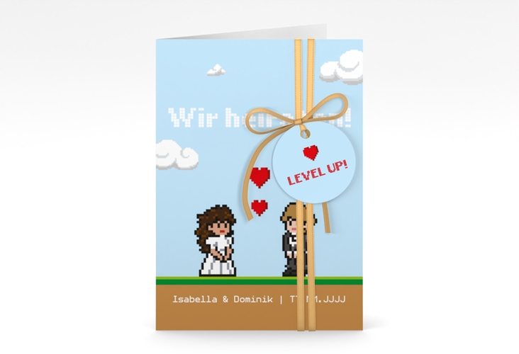 Einladungskarte Hochzeit Pixel A6 Klappkarte hoch bunt