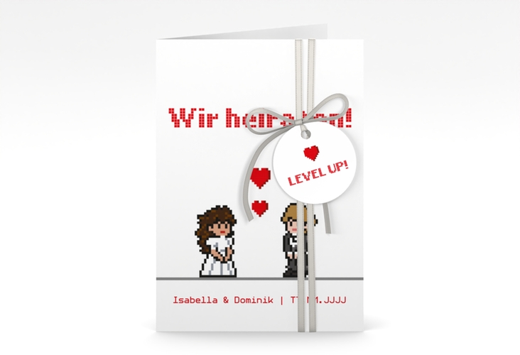 Einladungskarte Hochzeit Pixel A6 Klappkarte hoch weiss