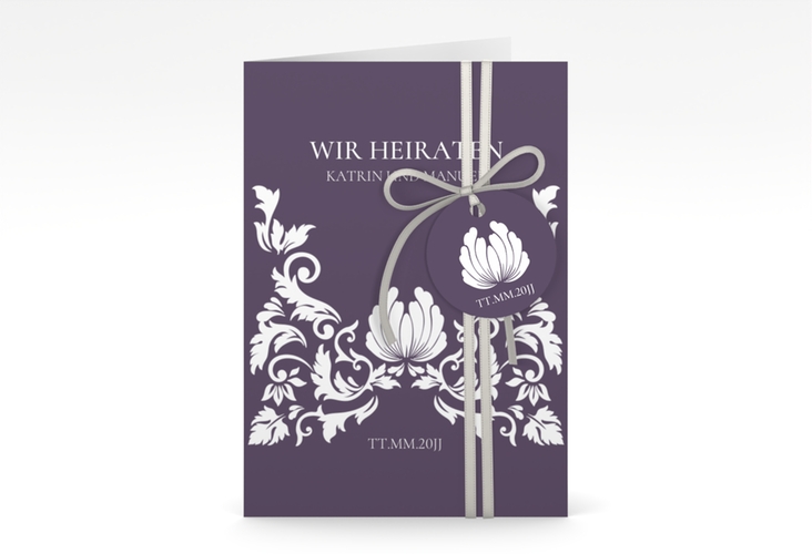 Einladungskarte Hochzeit Royal A6 Klappkarte hoch lila mit barockem Blumen-Ornament
