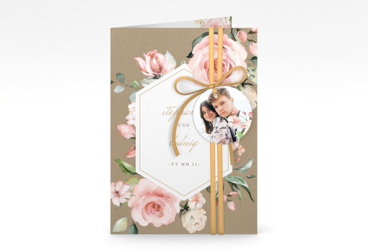 Einladungskarte Hochzeit Graceful A6 Klappkarte hoch Kraftpapier mit Rosenblüten in Rosa und Weiß