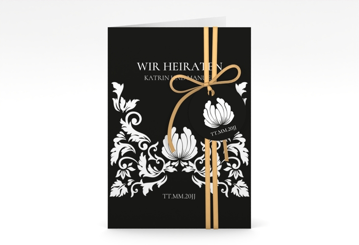 Einladungskarte Hochzeit Royal A6 Klappkarte hoch schwarz hochglanz mit barockem Blumen-Ornament