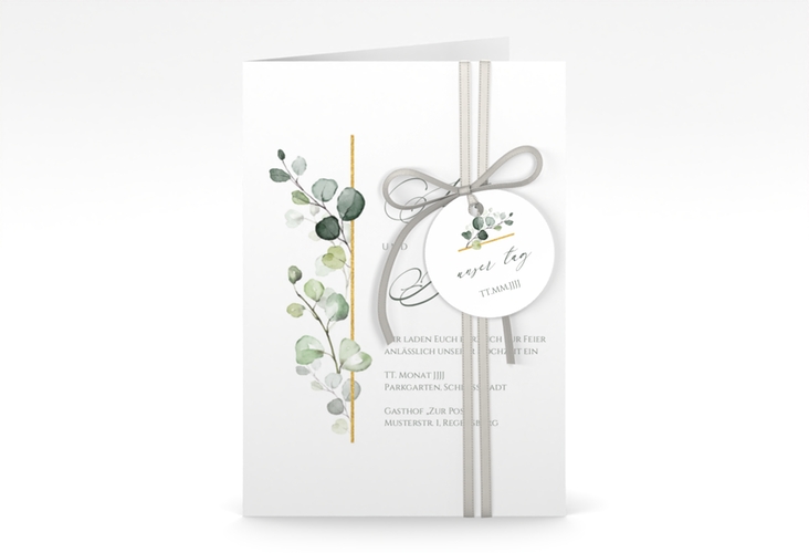 Einladungskarte Hochzeit Adelya A6 Klappkarte hoch elegant mit Eukalyptus-Motiv