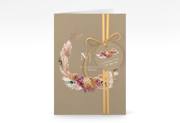 Einladungskarte Hochzeit Bohochic A6 Klappkarte hoch Kraftpapier mit Gräsern und Trockenblumen für Boho-Hochzeit
