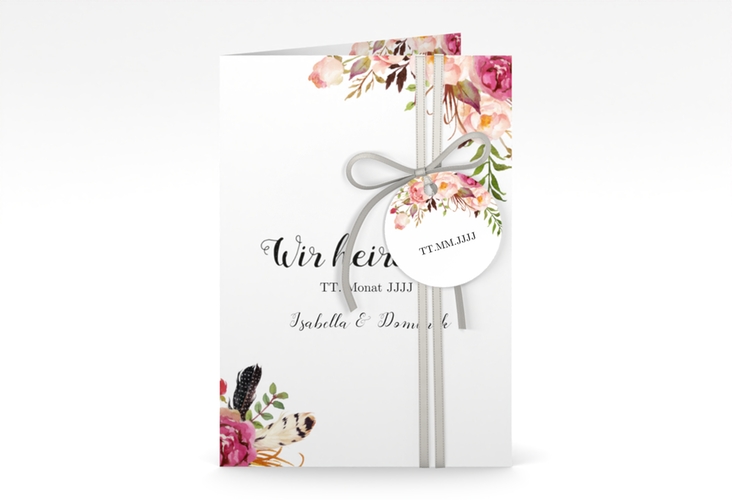 Einladungskarte Hochzeit Flowers A6 Klappkarte hoch weiss hochglanz mit bunten Aquarell-Blumen