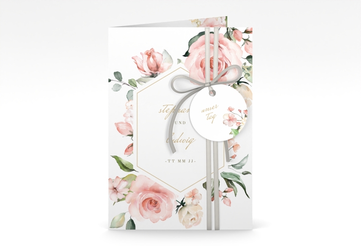 Einladungskarte Hochzeit Graceful A6 Klappkarte hoch weiss hochglanz mit Rosenblüten in Rosa und Weiß