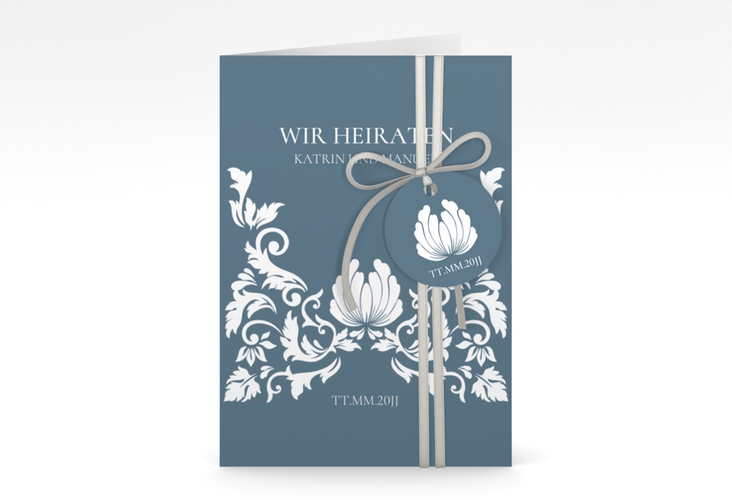 Einladungskarte Hochzeit Royal A6 Klappkarte hoch blau hochglanz mit barockem Blumen-Ornament