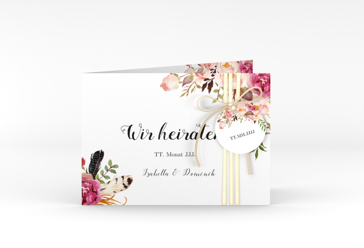 Hochzeitseinladung Flowers A6 Klappkarte quer weiss mit bunten Aquarell-Blumen