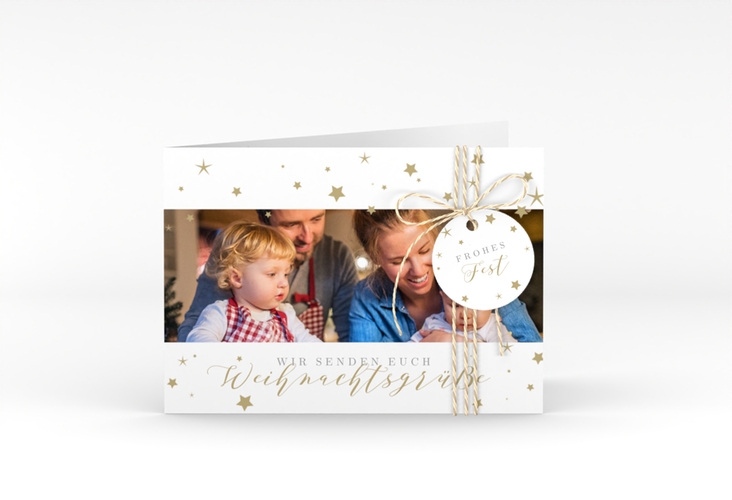 Weihnachtskarte Sternennacht A6 Klappkarte quer weiss hochglanz mit Sternchen und Familienfoto