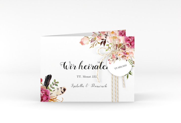 Hochzeitseinladung Flowers A6 Klappkarte quer weiss hochglanz mit bunten Aquarell-Blumen