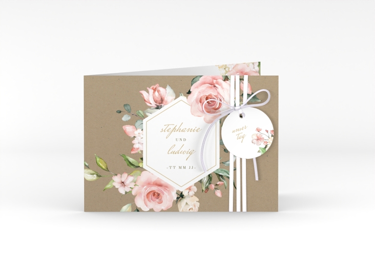 Einladung Hochzeit Graceful A6 Klappkarte quer Kraftpapier mit Rosenblüten in Rosa und Weiß