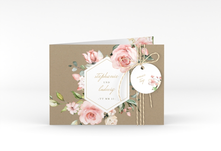 Einladung Hochzeit Graceful A6 Klappkarte quer Kraftpapier mit Rosenblüten in Rosa und Weiß