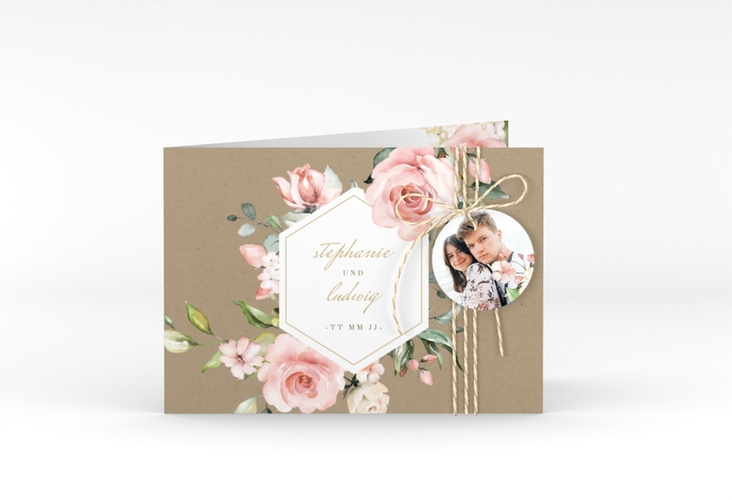 Einladung Hochzeit Graceful A6 Klappkarte quer Kraftpapier mit Rosenblüten in Rosa und Weiß