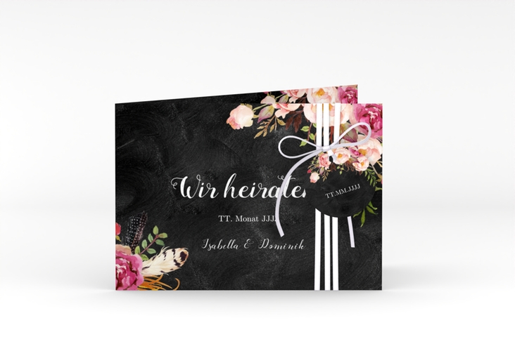 Hochzeitseinladung Flowers A6 Klappkarte quer schwarz mit bunten Aquarell-Blumen