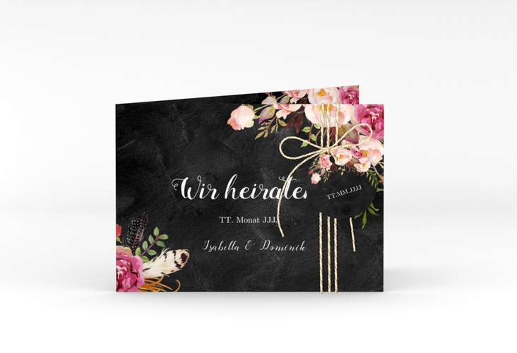 Hochzeitseinladung Flowers A6 Klappkarte quer schwarz mit bunten Aquarell-Blumen